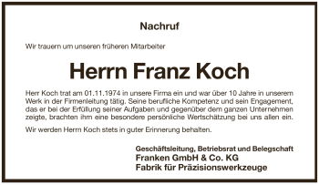Traueranzeige von Franz Koch von Pegnitz-Zeitung